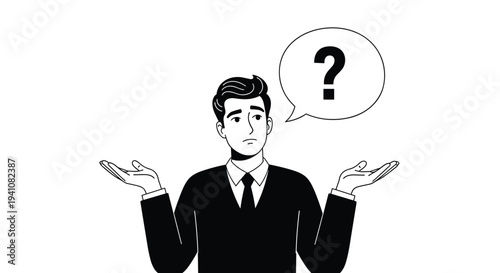 Confused businessman in a black suit shrugging his shoulders with a question mark appearing in a speech bubble above his head in thought.