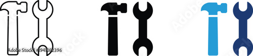 Hammer and wrench icon set showing general maintenance and repair. Tool illustration for home improvement, plumbing services, mechanical work, hardware equipment, and professional handyman labor.