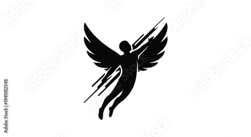 Silhouette of a winged figure ascending with dynamic streaks of light against a white background
