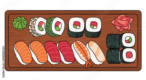 Assortment of Fresh Sushi and Rolls on a Wooden Platter with Wasabi and Ginger