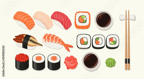 Assortment of Fresh Sushi and Sashimi Dishes with Chopsticks and Soy Sauce