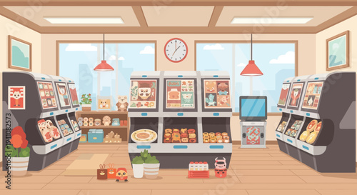 Cute Pixel Art Convenience Store Interior with Snacks, Drinks, and Vending Machines