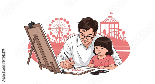 Heartwarming illustration of a father teaching his young daughter how to paint at an easel with an amusement park in the background.