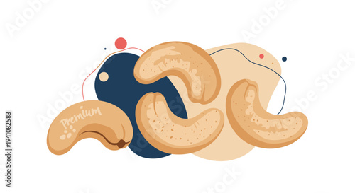 Group of premium cashew nuts arranged on a decorative abstract background with colorful shapes and circles for a healthy snack concept.