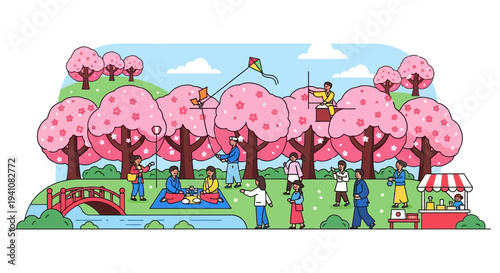Spring cherry blossom park scene with people enjoying outdoor activities and picnic