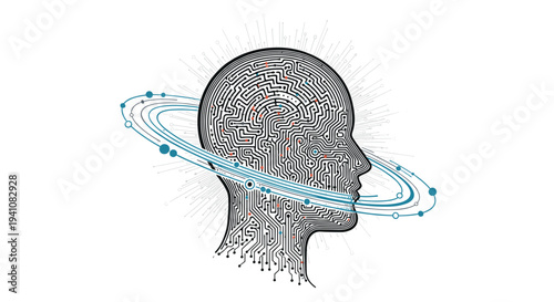 Profile of a human head formed from complex electronic circuit board lines with orbiting digital rings representing intelligence.