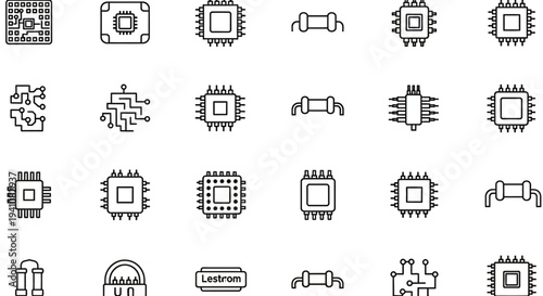 Computer Chip and Resistor Icons Set, Electronic Components Vector Graphics