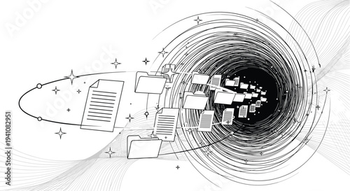 Digital file folders and paper documents flying into a swirling black hole or portal representing data loss and storage failure.