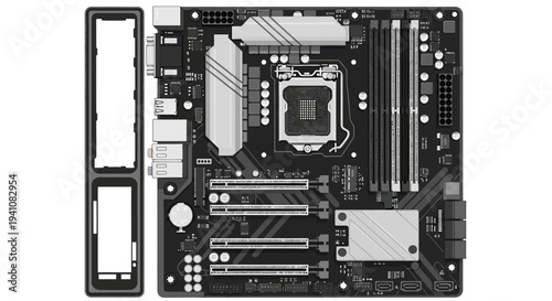 Computer Motherboard Close-up with CPU Socket and Expansion Slots - Technology