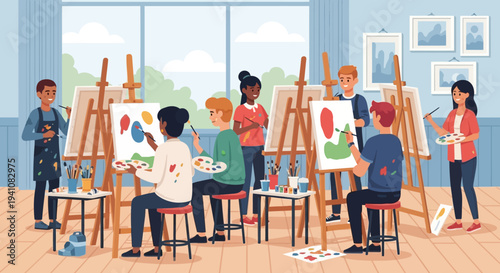 Art Class: Diverse Students Painting at Easels in a Bright Studio