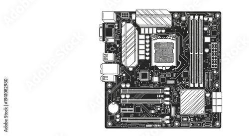 Computer Motherboard Schematic - Black and White Illustration