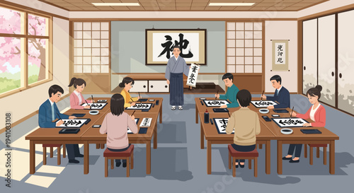 Japanese Calligraphy Class: Students Learn Art from Teacher in Traditional Classroom