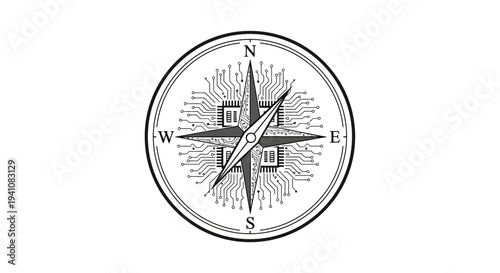 Digital Compass with Circuit Board Background, Technology Navigation Concept