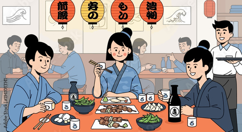 Japanese friends enjoying sake and yakitori at a traditional izakaya restaurant