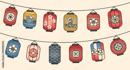 Japanese lanterns string decoration, traditional patterns, festive outdoor celebration
