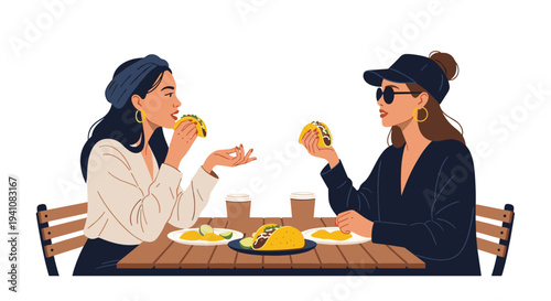 Two fashionable women sitting at a wooden table outdoors enjoying delicious tacos and coffee during a casual social lunch date.