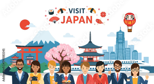 Visit Japan: Diverse People and Iconic Landmarks in a Vibrant Travel Illustration