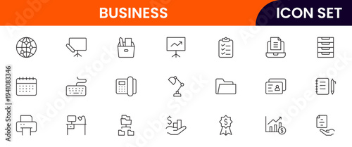 Office and business vector line icons featuring desks, meetings, documents, analytics, teamwork, finance, communication, productivity, and corporate workflow symbols.