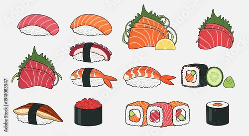 Assortment of Fresh Sushi and Sashimi Dishes, Japanese Cuisine Delicacies