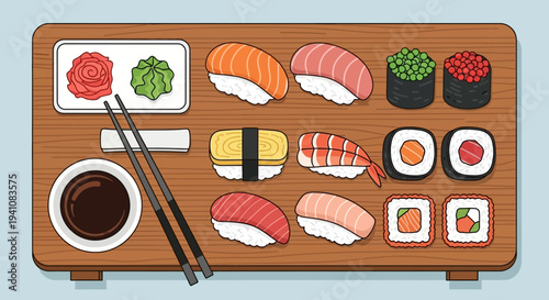 Assortment of Fresh Sushi and Sashimi on Wooden Platter with Soy Sauce and Chopsticks