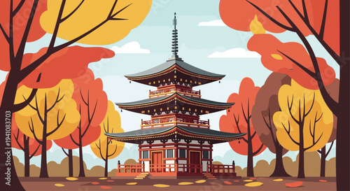 Japanese Pagoda Temple Amidst Autumn Foliage in Vibrant Fall Colors