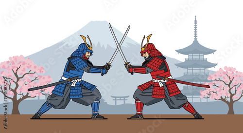 Samurai Warriors Duel with Swords, Mount Fuji and Pagoda Background