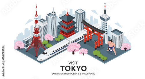 Tokyo Cityscape: Modern & Traditional Icons, Bullet Train, Sumo Wrestler, Cherry Blossoms
