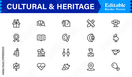 Cultural and Heritage Line Icon Set with Professional, Modern, and Minimal Editable Pixel-Perfect Icons for Diverse Traditions and Historical Themes