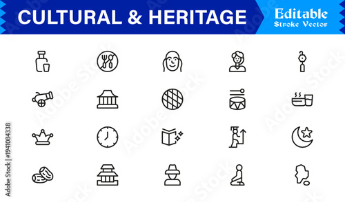 Cultural and Heritage Line Icon Set with Professional, Modern, and Minimal Editable Pixel-Perfect Icons for Diverse Traditions and Historical Themes
