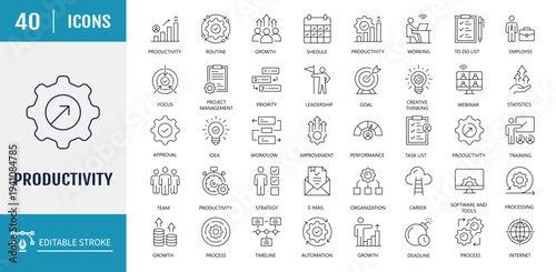 Productivity icon set. Includes  time management, work plan, engineering, efficiency, production, goods, services. Outline icon set. Vector illustration with editable stroke