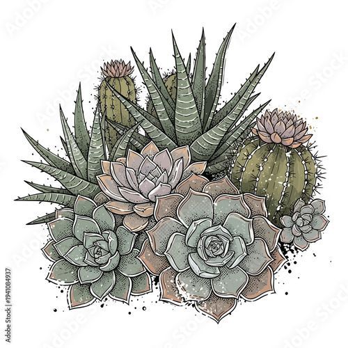 Assorted succulent plants and cacti illustration with watercolor effect