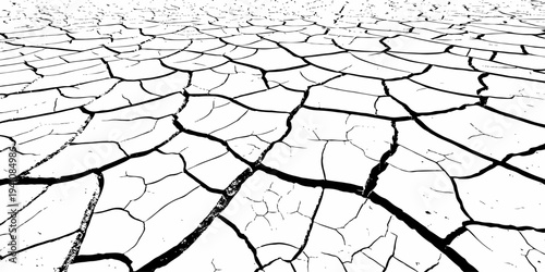 Perspective cracked desert ground texture dry earth landscape background with dramatic soil fractures.
