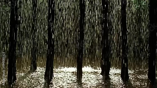Heavy Rain Falling in Dark Forest.