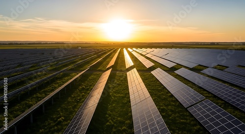 Aerial view of large solar farm with rows of solar panels and a setting sun in the background renewable energy