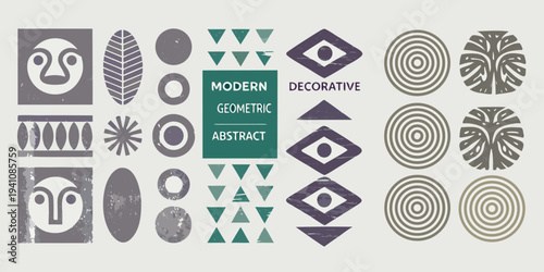 Collection of modern geometric and abstract decorative shapes in muted tones