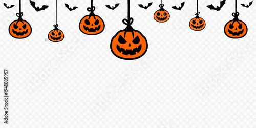 Halloween decorations featuring orange jack o lanterns and black bats hanging down