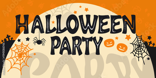 Festive halloween party illustration with spooky decorations and lettering