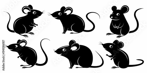 Collection of black silhouette mice in various playful poses