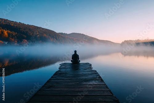 Solitary figure contemplates mist-shrouded lake from wooden pier at dawn