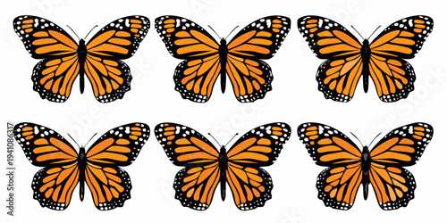Six monarch butterflies arranged in a symmetrical repeating pattern