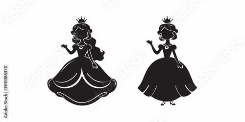Two elegant princesses in silhouette pose with regal gowns and crowns