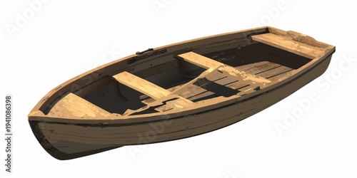 A weathered empty wooden rowboat isolated on a white background