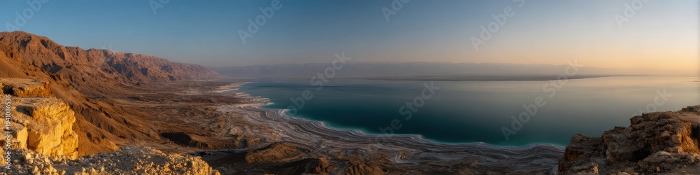 Fototapeta premium Rugged desert coastline landscape at sunset featuring amber rocky terrain and salt crust shores for a scenic travel marketing background with expansive horizon views