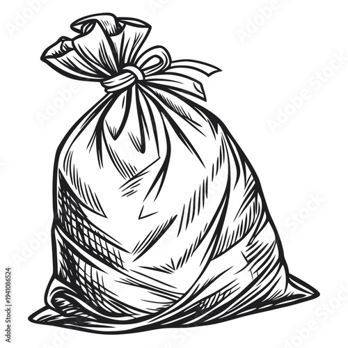 garbage bag illustration, trash bag engraving, vintage garbage bag drawing, woodcut trash bag illustration, black and white trash bag, cross hatching illustration, vintage waste bag art, plastic bag e
