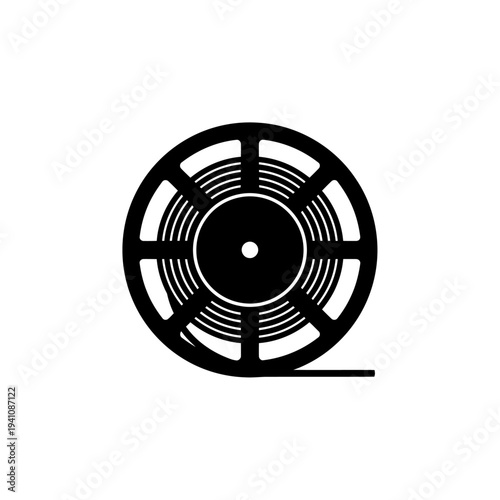 Black film reel design element on transparent background silhouette