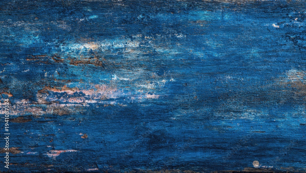 Naklejka premium Distressed blue textured surface with visible wood grain and wear