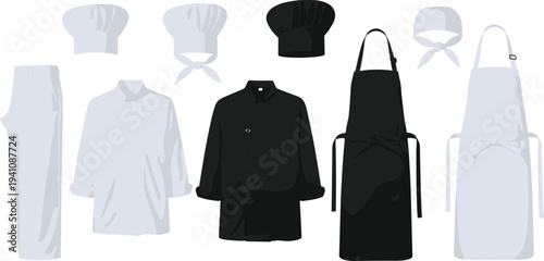 Chef Uniform and Cooking Apron Set Professional Kitchen Clothing Collection with Chef Hat Jacket Apron Vector Illustration