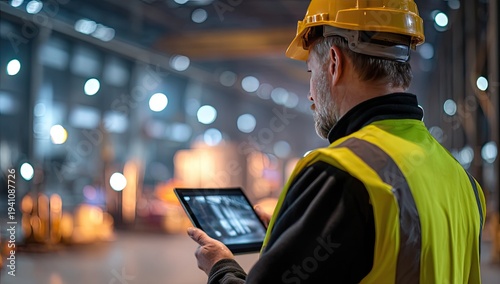 Industrial worker in hard hat and vest uses tablet in factory