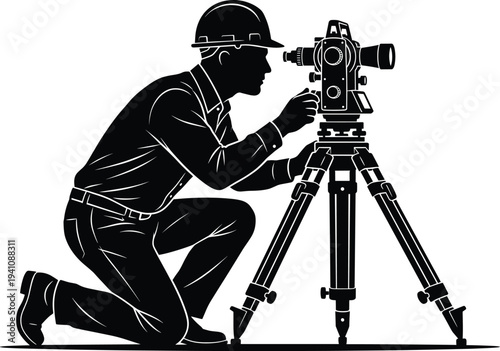 Male land surveyor engineer silhouette wearing hard hat using professional total station theodolite equipment on tripod for construction site measurement and mapping project