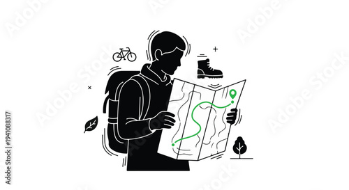 Adventurous hiker studies a map, planning an outdoor journey with backpack and gear.